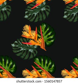 Summer jungle pattern with tropical flowers heliconia or lobster-claw background. surface textures, textile