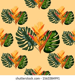 Summer jungle pattern with tropical flowers heliconia or lobster-claw background. Perfect for wallpapers, pattern fills, web page backgrounds, surface textures, textile