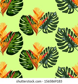 Summer jungle pattern with tropical flowers heliconia or lobster-claw background. surface textures, textile