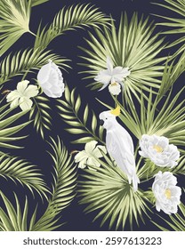 Summer jungle seamless floral summer pattern with palm leaves and tropical flowers.
