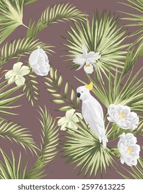 Summer jungle seamless floral summer pattern with palm leaves and tropical flowers.