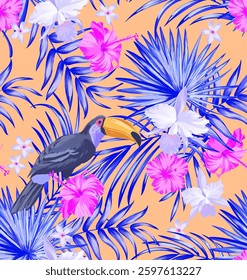 Summer jungle seamless floral summer pattern with palm leaves and tropical flowers.