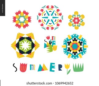 Summer kaleidoscopic patterns - set of floral snowflakes and Summer lettering