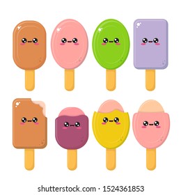 Summer kawaii food ice cream character set isolated on white background. Vector smiling ice cream on stick cartoon characters collection.