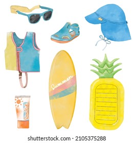 Summer kid beach equipments watercolor vector