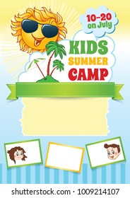Summer Kid Camp Template, vector background with cartoon smiling sun and text blocks