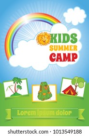 Summer Kid Camp Template, Vector Background With Cartoon Smiling Sun, Rainbow And Text Blocks