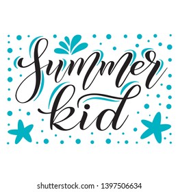 Summer kid. Childish design element for seasonal children's clothes or card. Black isolated cursive with mint green decorative ornament. Calligraphic style. Script lettering. Vector.
