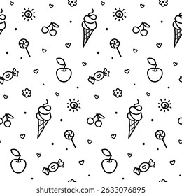 Summer kid doodle seamless pattern with black outline drawing on transparent background. Fun icons, childish drawings of ice cream, candy, apple, cherry, sun isolated on white background.