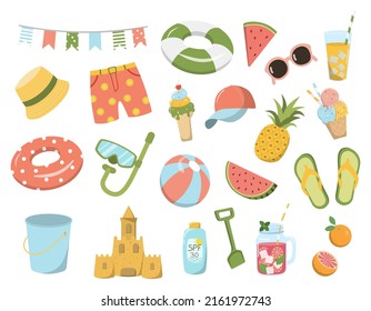 Summer kids beach collection. Cartoon recreation objects, beach clothes sunglasses ball slippers, and drinks. Vector summer vacation set. Isolated on white background. - Shutterstock ID 2161972743
