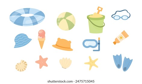 Summer kids beach set. Diving mask, diving fins, snorkel and water goggles. Sun hat, swim ring, sand bucket, ice cream, shells. Flat vector illustration. 