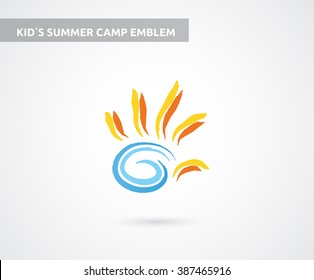 Summer Kids Camp Logo With Hand And Camp Fire On White Background. Logo Concept