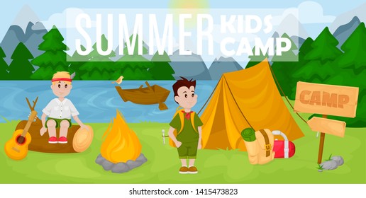 Summer kids camp poster vector illustration.