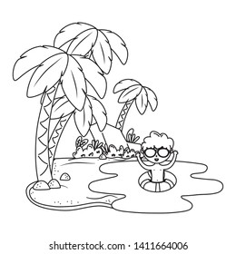 summer and kids cartoon in black and white