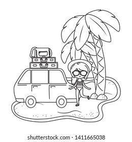 summer and kids cartoon in black and white