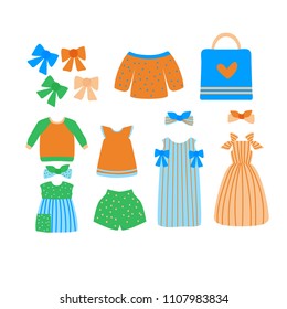 Summer Kids Clothes Collection; Children Apparel; Cartoon Flat Style; Vector Illustration