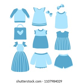 Summer Kids Clothes Collection; Children Apparel; Cartoon Flat Style; Vector Illustration