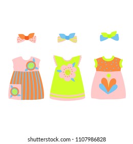 Summer Kids Clothes Collection; Children Apparel;  3 Beach Dresses and 3 Headbands; Cartoon Flat Style; Vector Illustration