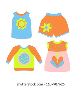 Summer Kids Clothes Collection; Children Apparel; Cartoon Flat Style; Vector Illustration