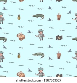 Summer for kids doodles, seamless pattern, pirate, treasure, bubble tea, flag