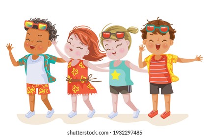 summer kids fashion. Fashion of hairstyles, clothes, glasses and shoes. Girls and boys friend on the seashore in holiday. Happy stylish children enjoys life on beach.