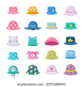 Summer kids hats set, vector illustration. Beach children clothes. Different cute hats for babies. 