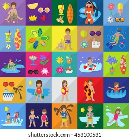 Summer Kids Icons Set: Vector Illustration, Graphic Design. For Web, Websites, Print, Presentation Templates, Mobile Applications And Promotional Materials