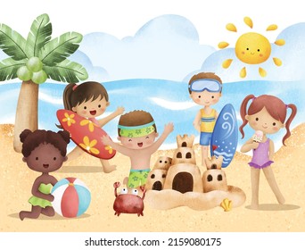 Summer kids playing in the beach 