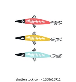 Summer kids poster with set of colored fish cut out of paper. Vector illustration.