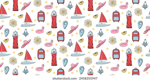 Summer kids seamless pattern with lighthouses, sailboats and other travel elements in colored doodle style. Rectangular horizontal texture on changeable white background in bright color palette.