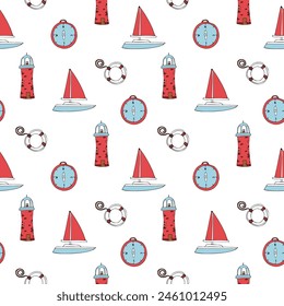 Summer kids seamless pattern with lighthouses, sailboats and compasses in colored doodle style. Square texture on changeable white background in bright color palette.Hand draw summer vector pattern.