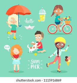 Summer Kids set, riding bicycle, playing and having fun. Vector illustration.