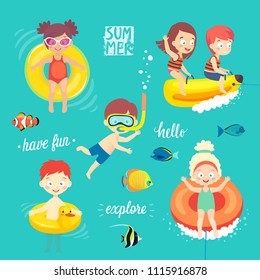 Summer Kids Set, Swimming, Diving, Playing And Having Fun In The Water. Vector Illustration.