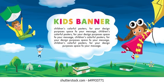 Summer Kids. Template for advertising brochure, your text.  Kids banner. Kids camping. Flight to new adventures, funny vector cartoon, ready for your message. illustration