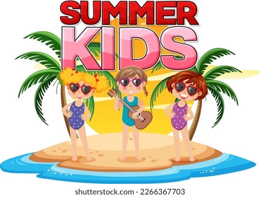 Summer kids text on the island for banner or poster design illustration