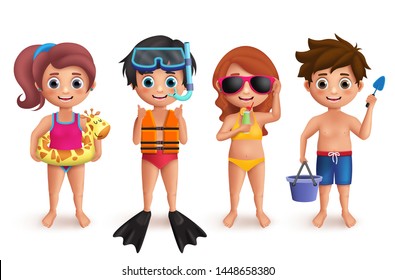 Summer kids vector characters set. Boys and girls playing in beach doing outdoor activities like snorkeling, swimming, playing sand and eating isolated in white. Vector illustration.
