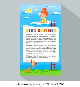 Summer Kids. Vector illustration of kid  playing on clouds with a paper airplane for summer camp poster. Template for advertising brochure, your text. Ready for your message.