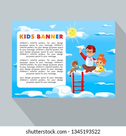 Summer Kids. Vector illustration of kids playing on clouds with a paper airplane for summer camp poster. Template for advertising brochure, your text. Ready for your message.