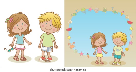 Summer kids (with frame). Vector illustration of a cute couple of children wearing summer clothes. Blank background kids and kids in frame composition are in different layers, easy to edit.