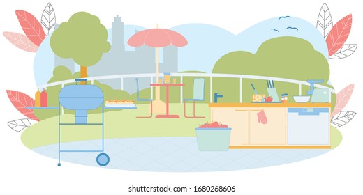 Summer Kitchen Empty Place Outside Home In Nature On City Background. Barbecue Grill With Ketchup And Mustard Sauce Bottle, Hot Dog Sandwich. Table And Chair Under Umbrella. Counter With Equipment