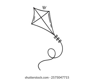 Summer kite is flying doodle hand drawn icon. Outline drawing kite is flying line clipart symbol. Vector illustration