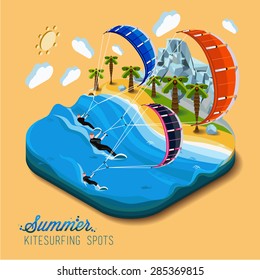 Summer kitesurfing sport.Part of the land to the sea and the mountains,palm trees and people skiers on the water,paradise,summer vacation,sea,ocean,on the beach.Vector work flat isometric 3D concept.