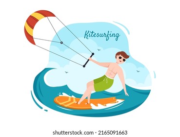 Summer Kitesurfing of Water Sport Activities Cartoon Illustration with Riding a Big Kite on a Board in Flat Style