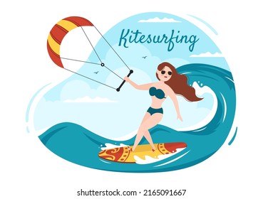 Summer Kitesurfing of Water Sport Activities Cartoon Illustration with Riding a Big Kite on a Board in Flat Style