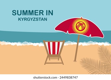 Summer in Kyrgyzstan, beach chair and umbrella, vacation or holiday in Kyrgyzstan, vacation concept vector design, summer holiday, sea sand sun, travel and tourism idea