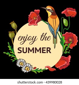 Summer label with bird and flowers on a dark background. Vector template