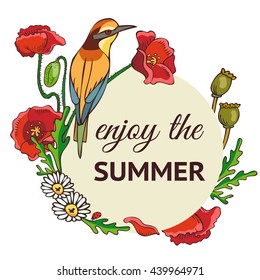 Summer label with bird and flowers. Vector template
