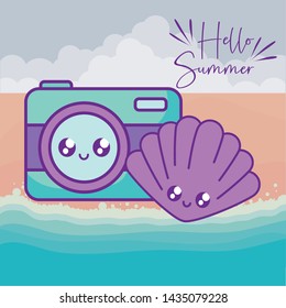 summer label with camera and seashell kawaii