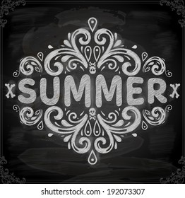 Summer Label, Chalkboard Style. Floral Pattern Frame. Grunge Background Texture.