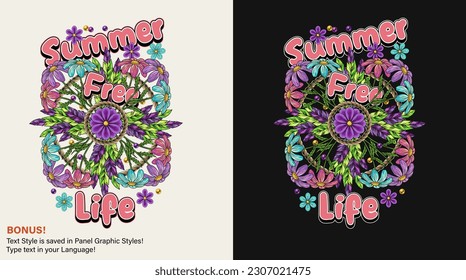 Summer label with chamomile bouquet, feathers, text, editable text effect. Groovy, hippie retro style. For clothing, apparel, T-shirts, surface decoration